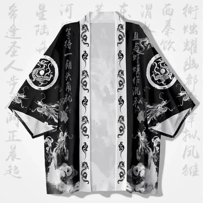 Chemise homme kimono traditionnel japonais imprimé dragon à l'encre coupe ample et confortable été décontracté