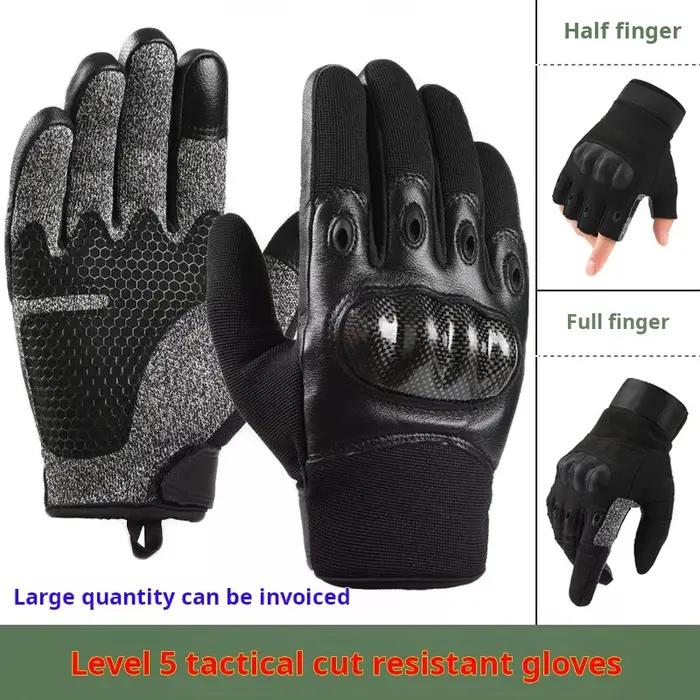Gants tactiques pleins et demi-doigts anti-coupure anti-perforation en fibre de carbone et cuir