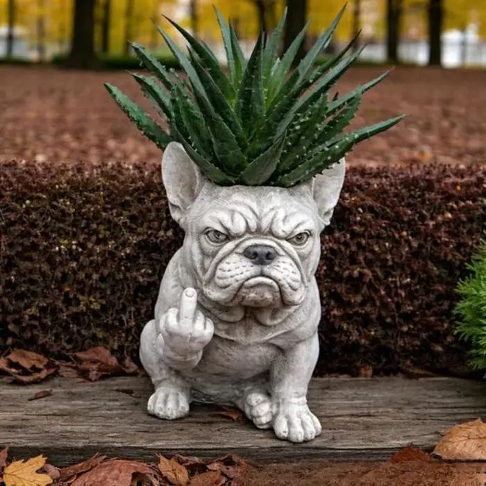 Pot de fleurs créatif en résine Bouledogue Français grincheux pour jardin extérieur pelouse décoration de bureau ornement artisanal cadeau original occassions spéciales