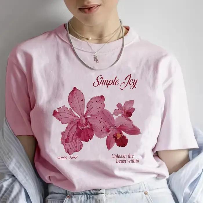 T-shirt vintage à imprimé floral décontracté pour femmes, années 90, manches courtes, polyester, été