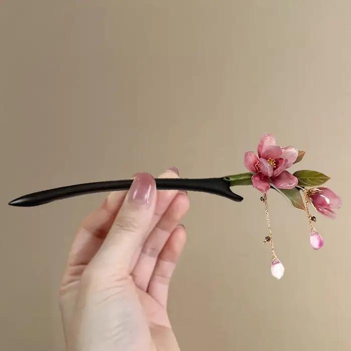Épingle à cheveux florale de Style chinois, pompon de fleur rose, accessoire de cheveux élégant Hanf