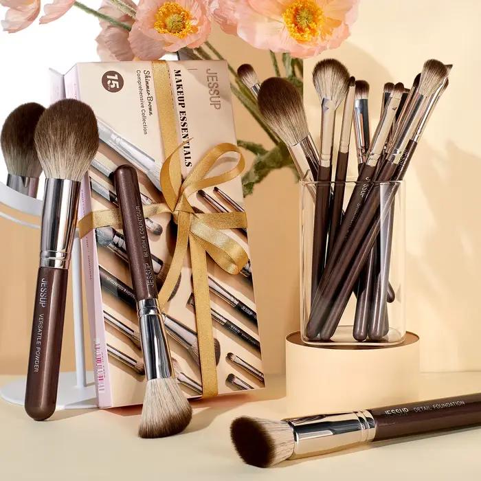Jessup Ensemble de pinceaux de maquillage 15 pièces Pinceaux de maquillage marron Fond de teint végé
