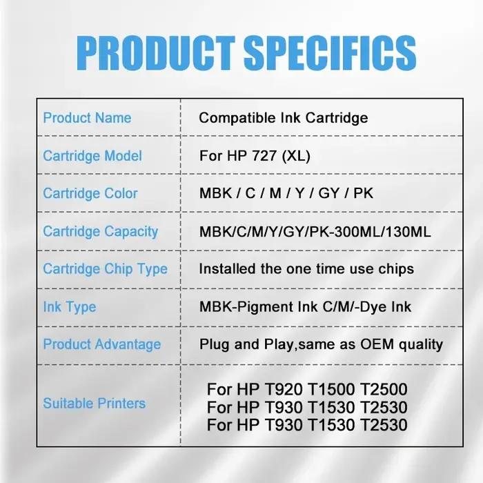 Cartouche compatible BFHH 130ML 727XL 727 pour imprimante HP DesignJet T1530 T920 T1500 T2500 T930 T2530 avec encre et puce, 6 couleurs