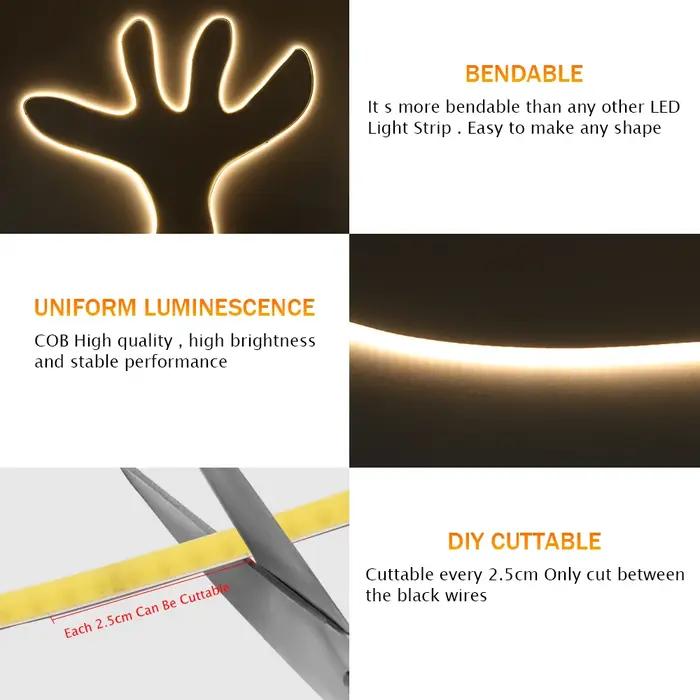 DC 5V 12V 24V COB LED bande 320 384 480 528 LED s/m haute densité Flexible COB LED bande barre lumin