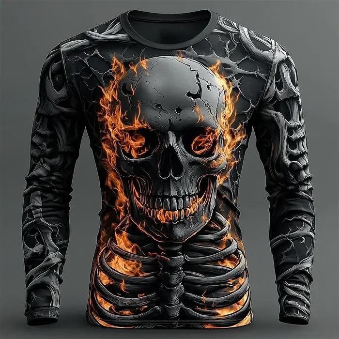 T-shirt de sport homme rétro à manches longues en polyester léger impression crâne 3D pour activités physiques et loisirs automne hiver