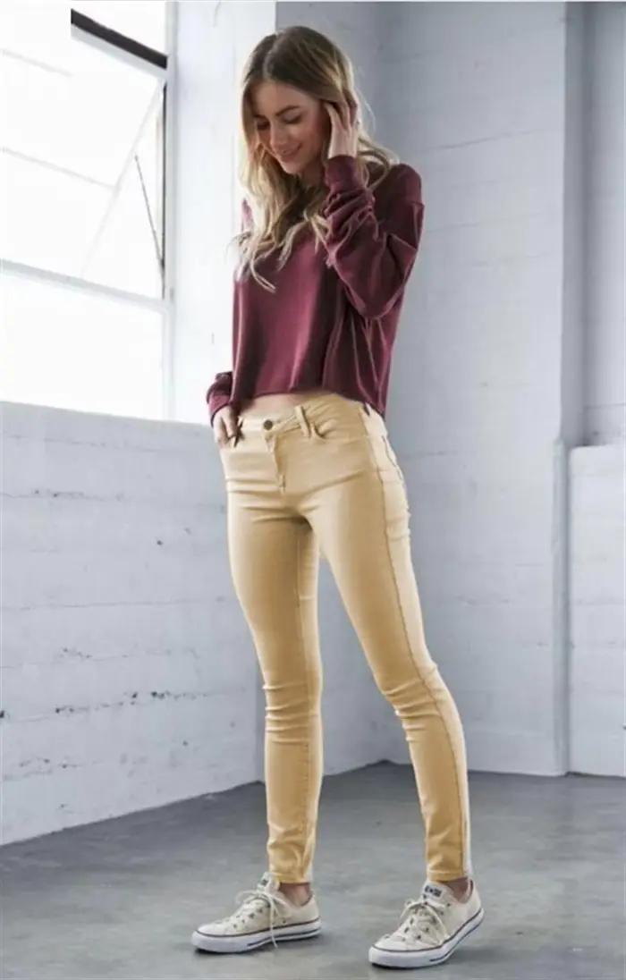 Pantalon en jean extensible kaki pour femme décontracté et amincissant pour le quotidien et les sports