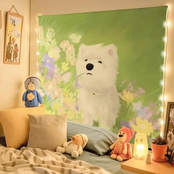 VIKAMA Tapisserie murale mignonne avec motif de chien Westie, imprimé de chiot de dessin animé pour