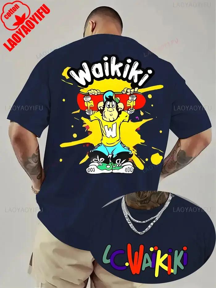 Waikiki T-shirt graphique pour hommes Bold Back Print Streetwear Tee Texture confortable, T-shirt à manches courtes jeunes adultes t-shirts en coton drôles