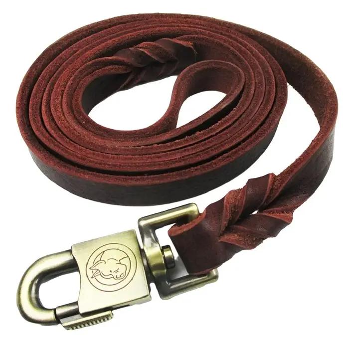 Laisse longue en cuir véritable tressé pour chien