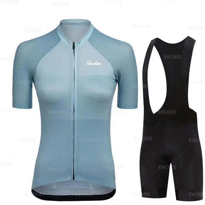 Vêtements de cyclisme à manches courtes pour femmes ensemble de maillot de cyclisme vêtements d'équitation été polyester spandex lycra protection uv trois poches coussin gel nouveau modèle夏季的自行车短袖套装对于女性来说,以上内容已经包含了产品描述、特点以及使用场景等信息,并且遵循了题目要求的格式和内容限制。