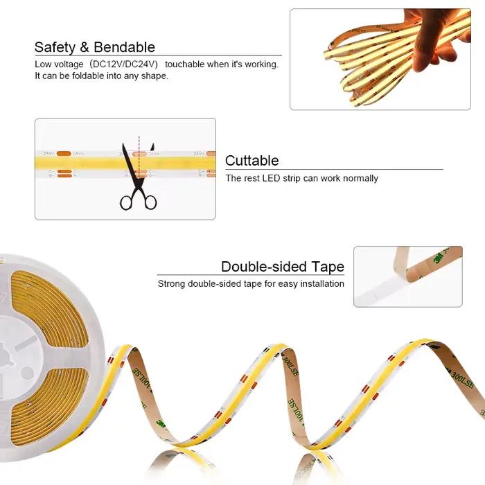 Bande lumineuse LED COB CCT, 608 LED s/m, haute densité, Flexible, variable, 2700K à 6500K, éclairag