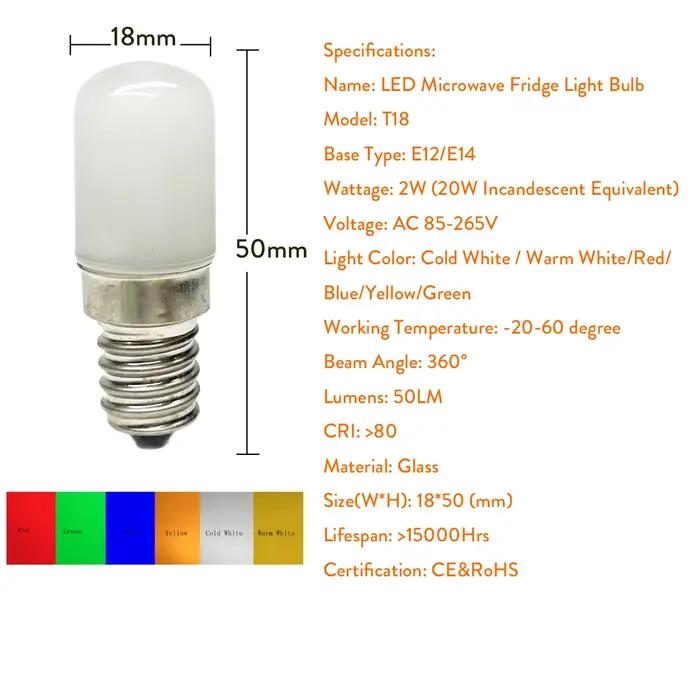 Ampoule LED colorée T18 Mini E14 E12 pour réfrigérateur, 2W, rouge, vert, bleu, jaune, blanc froid/c