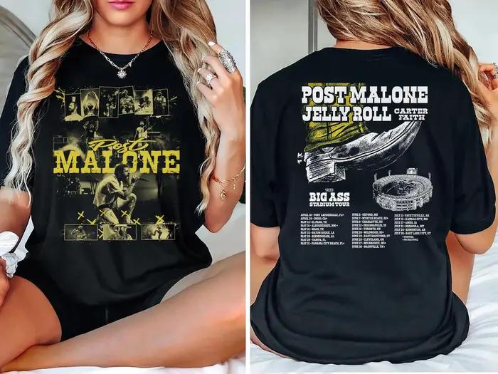 T-shirt 2026 « Super Stadium Tour », T-shirt de concert réversible Post Malone Jelly Roll, T-shirt streetwear en pur coton pour couple