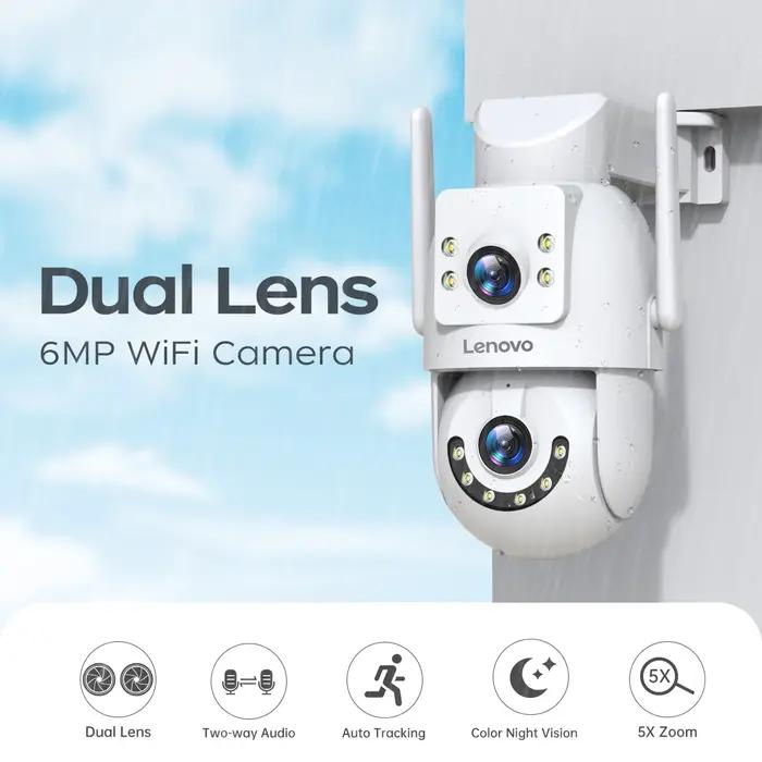 Caméra IP extérieure Lenovo 6MP HD WiFi double objectif double écran avec tracking automatique - Surveillance audio vidéo