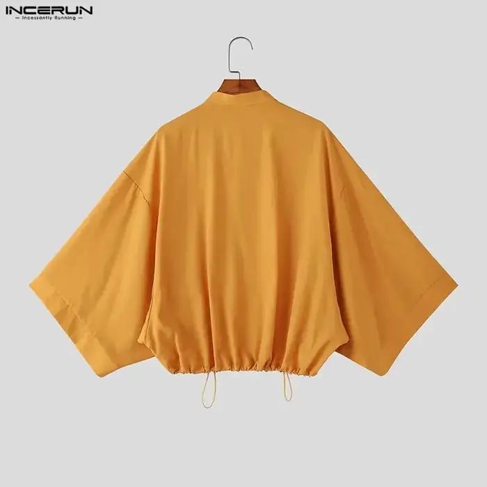 Chemise Homme INCERUN Col Montant Uni Manches 3/4 Ample Décontractée Vêtements Homme Cordon de Serrage Streetwear 2026 Hauts Tendance Chemises Homme