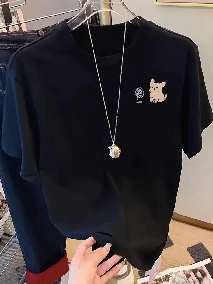 T-shirt à imprimé graphique chien mignon avec ventilateur, haut décontracté à manches courtes et col rond, tee-shirt streetwear tendance coupe ample pour l'été et le quotidien