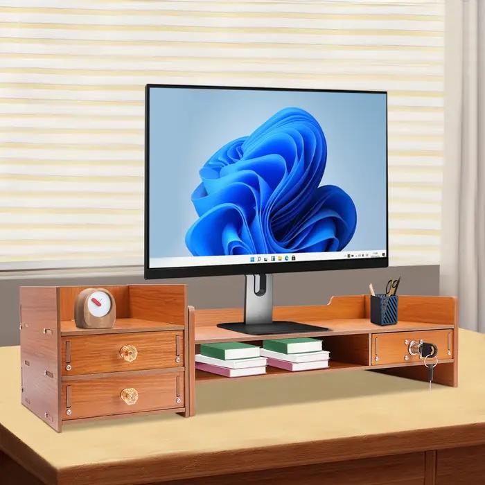Support de moniteur en bois Riser 2 niveaux support de moniteur exquis avec tiroir ordinateur portab