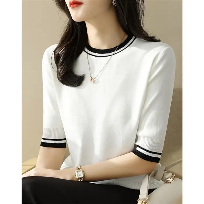 Vêtements pour femmes 2024 mode d'été contraste couleur élégant doux tricoté T-shirts décontracté col rond demi manches hauts pullover amples