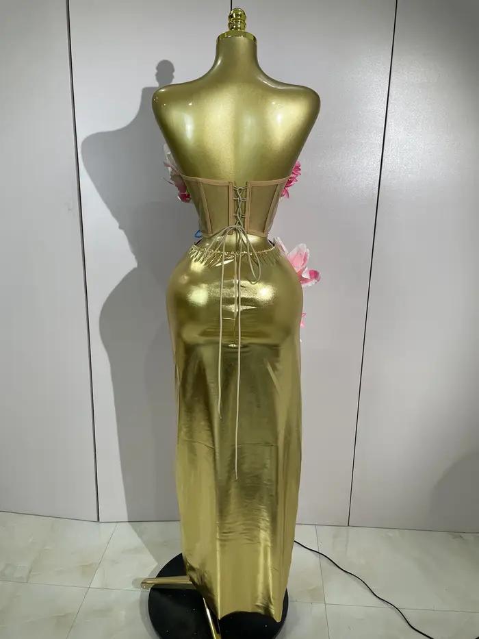 Ensemble deux pièces pour femme, haut en maille dorée à fleurs 3D élégant, robe longue moulante, soi