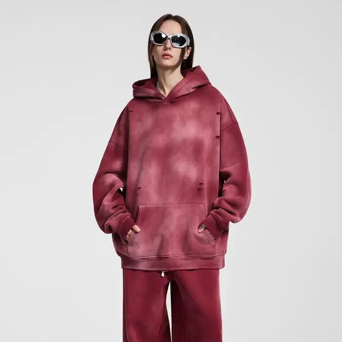 Sweat à capuche surdimensionné pour hommes, Streetwear Vintage, lavage à l'acide, déchiré, polaire lourde, pull épais, vêtements d'hiver