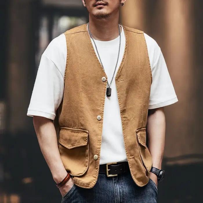 Gilet décontracté sans manches en jean rétro pour homme col en V couleurs classiques occasions quotidiennes et spéciales
