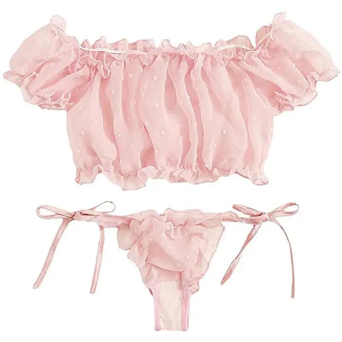2 pièces épaules dénudées à lacets ensemble Bikini femmes doux décontracté à manches courtes maillots de bain
