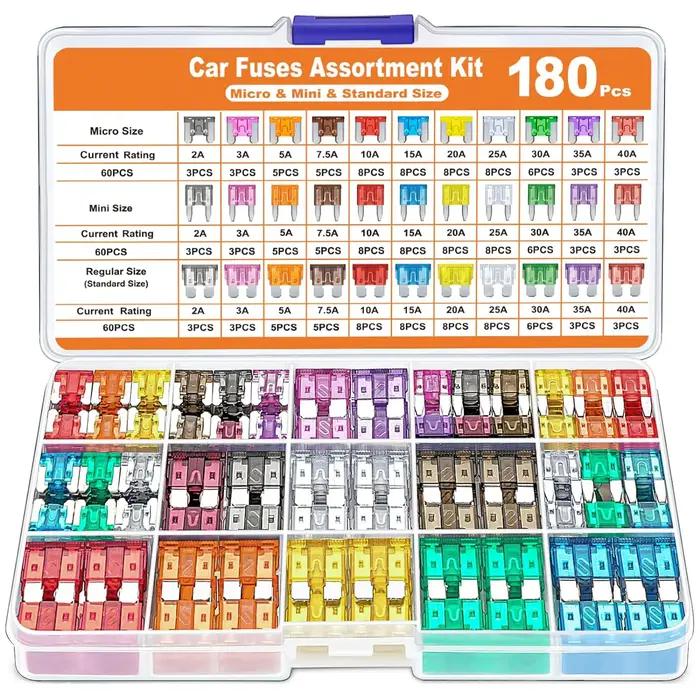 Kit assorti de 180 fusibles automobiles avec 60 mini fusibles à lames, 60 standard et 60 micro-fusibles pour protection précise et sécurité routière