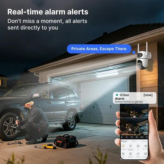 Caméra PTZ 8MP 4K WiFi - Surveillance extérieure avec double objectif, tracking IA et application iCsee
