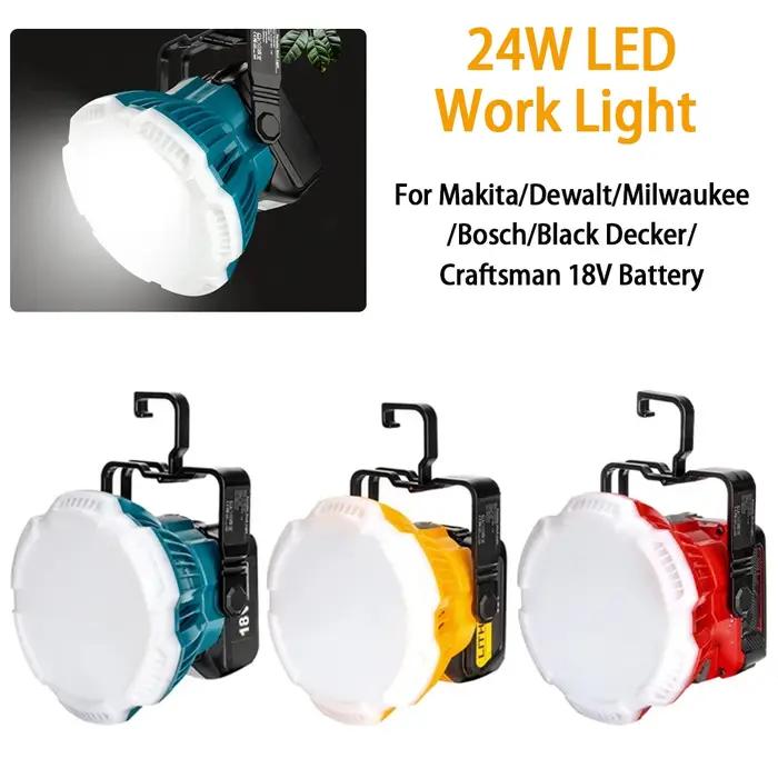 Lampe de travail LED Portable 24W 2400LM avec crochet pour batterie au Lithium Makita/Bosch/Dewalt/M