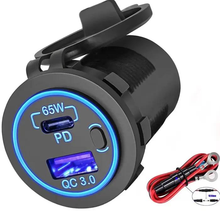 83W 12V USB Outlet Laptop Charger 65W USB-C PD3.0 & 18W QC3.0 Multi Car USB Port Socket Waterproof with Power Switch