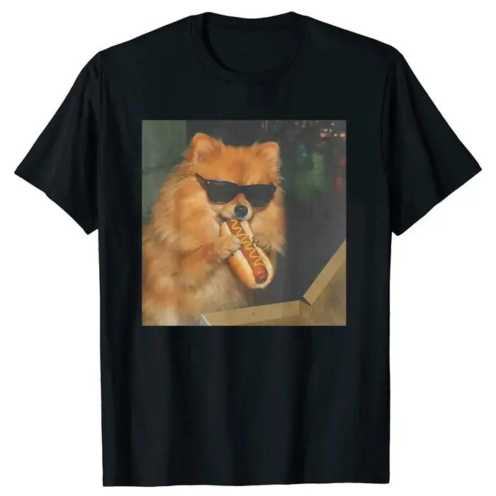 T-shirt à manches courtes pour hommes et femmes, 100% coton, avec image de chien Pomeranian mangeant une hot-dog, humoristique