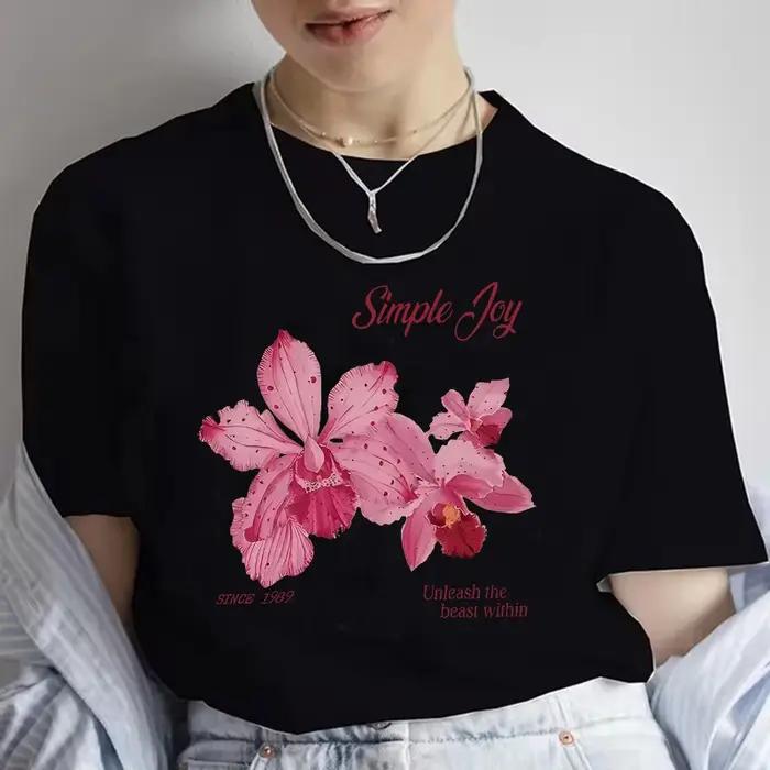 T-shirt vintage à imprimé floral décontracté pour femmes, années 90, manches courtes, polyester, été
