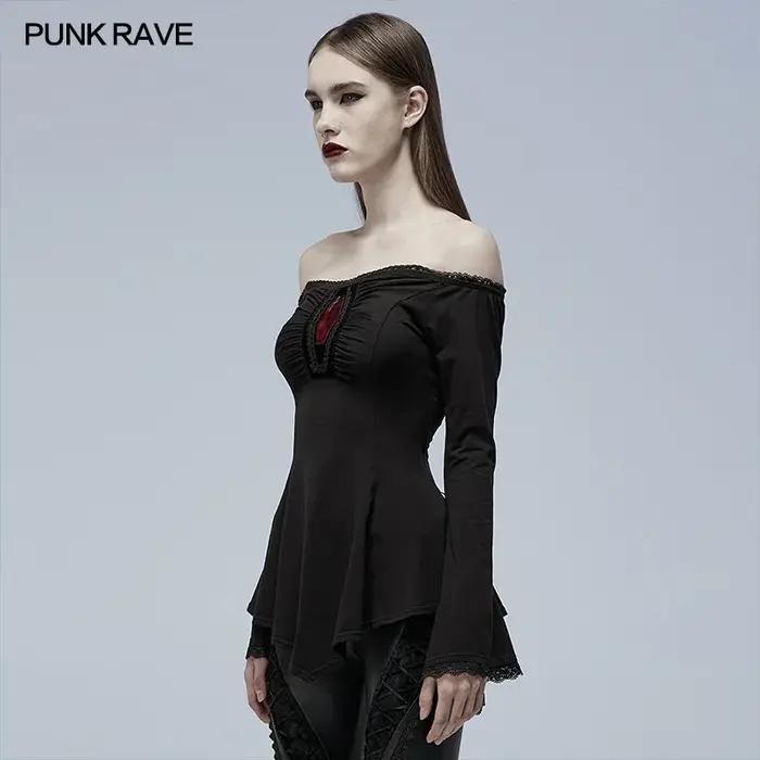 PUNK RAVE-T-shirt à manches longues gothique pour femme, col slash, ligne A, coton élastique, noir,
