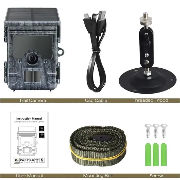 Caméra de chasse 4K WiFi panneau solaire alimentée vision nocturne étanche IP66 pour observation de la faune et chasse nocturne