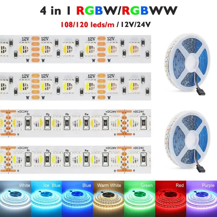 Bande LED RGBW RGBWW DC 12V 24V, 4 couleurs en 1, puce SMD 5050 60 108 120 LED/M, ruban Flexible, co