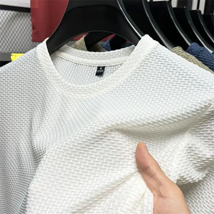 T-shirt d'été en maille et soie glacée pour hommes, manches courtes, col rond, demi-manches, fin, co