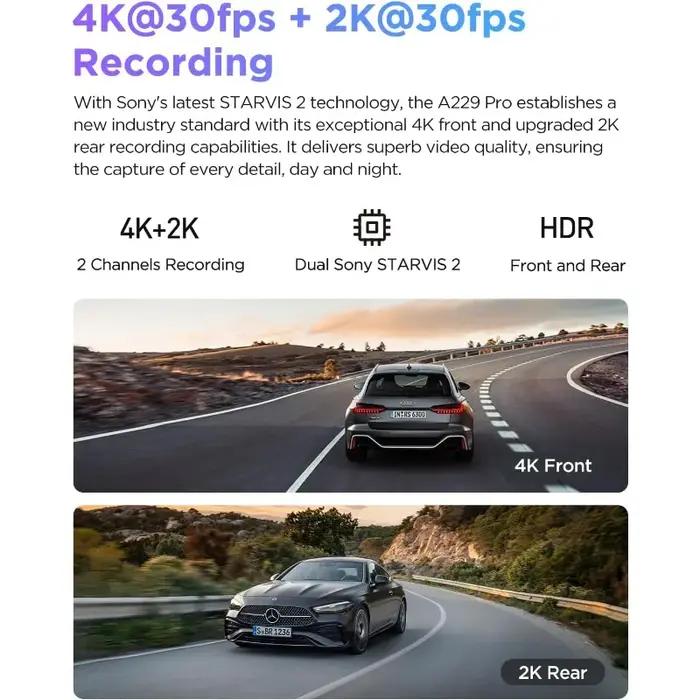 STARVIS 2-Caméra de Tableau de Bord A229 Pro 4K HDR pour Touriste, Avant et Arrière, 2 Canaux avec H