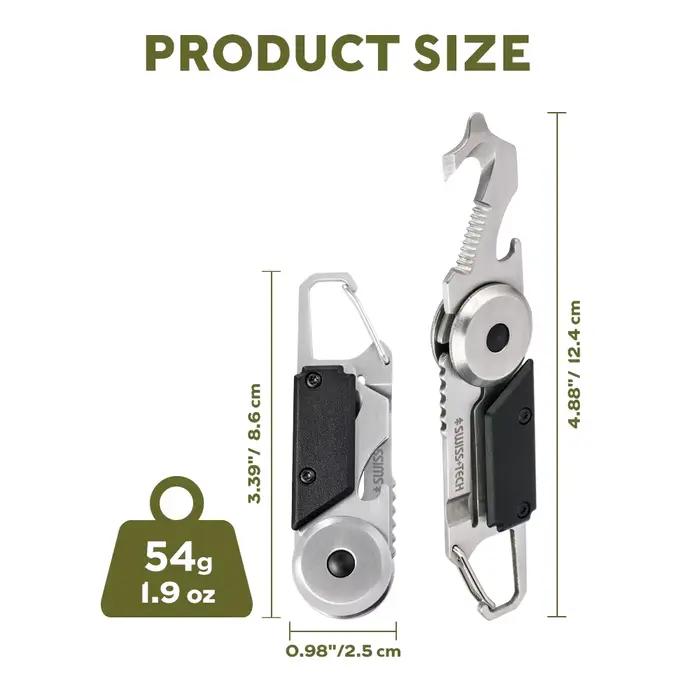 Mousqueton multi-outils de poche 6 en 1 SWISS+TECH avec coupe-boîte, scie, tournevis et ouvre-bouteille pour camping, randonnée et activités de plein air