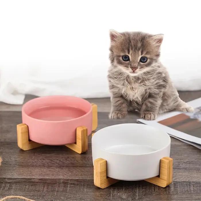 Filles en céramique avec support en bois pour animaux de compagnie