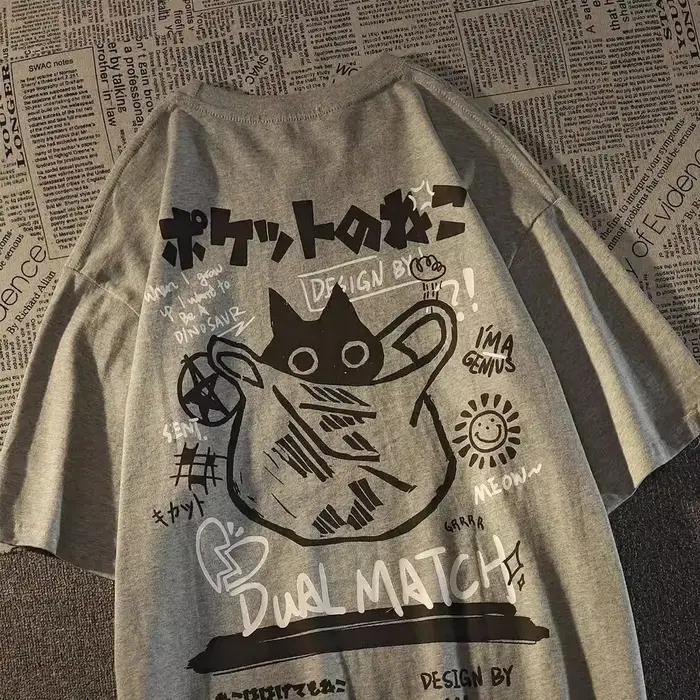 Été japonais rétro poche chat dessin animé imprimé à manches courtes T-shirt hommes femmes Couples unisexe collège Style