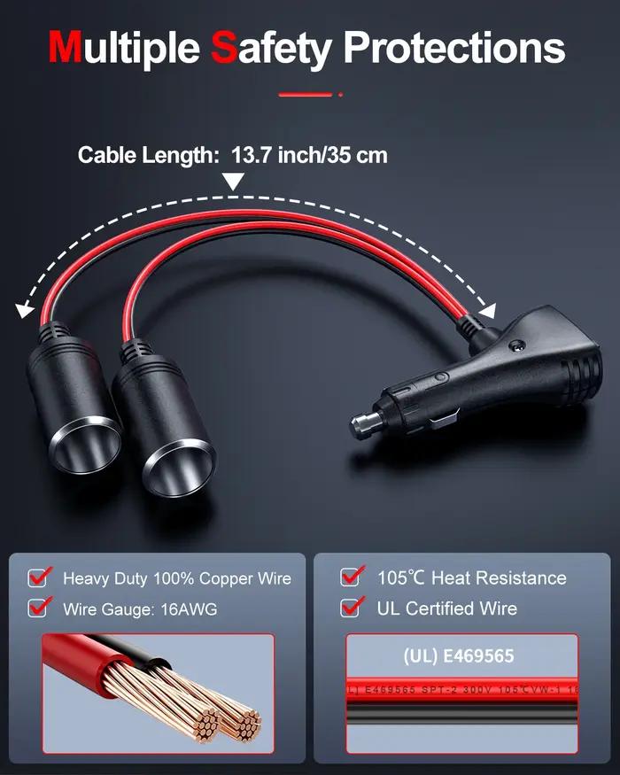 Anchtek 16AWG 1 à 2 adaptateur séparateur allume-cigare de voiture Port de chargeur d'alimentation p