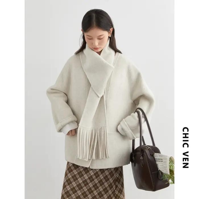 CHIC VEN femmes manteau en laine solide ample simple boutonnage pardessus Double face bureau dames