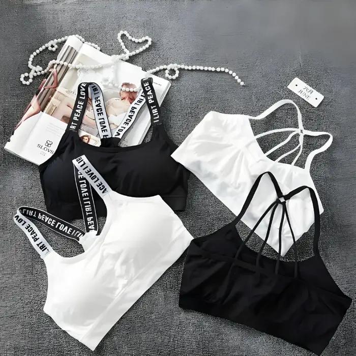 Soutien-gorge de sport sans couture pour femme, avec larges bretelles à lettres, confortable pour le yoga et le fitness, sans armatures, idéal pour l'entraînement et les activités sportives.
