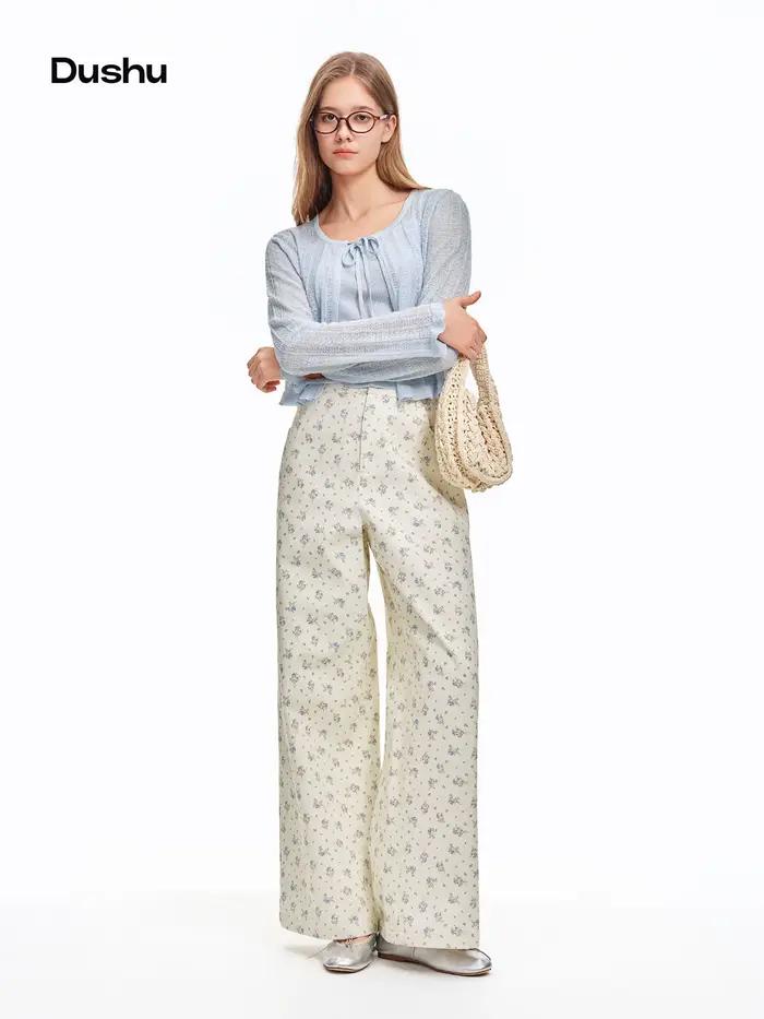 DUSHU 2026 – Pantalon droit en coton 100 % à imprimé floral frais pour femme – Pantalon décontracté