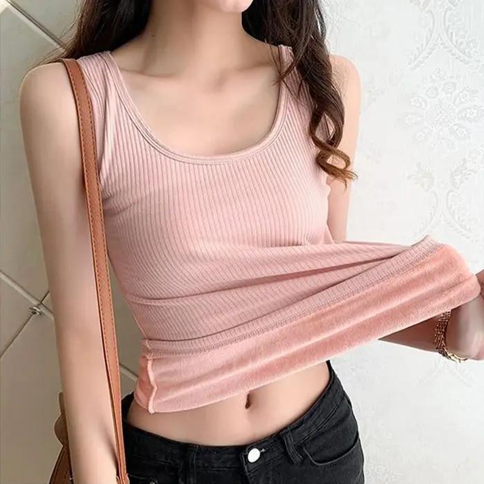 Nouveau Débardeur Thermique Hiver Femme Sans Coutures en Velours Couleur Unie Col Rond Chaud et Conf