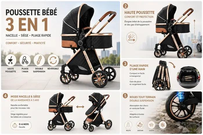 Poussette compacte 3 en 1 bébé avec berceau landau de luxe poussette légère facile à plier pour tout-petits sorties quotidiennes voyages famille occasions spéciales