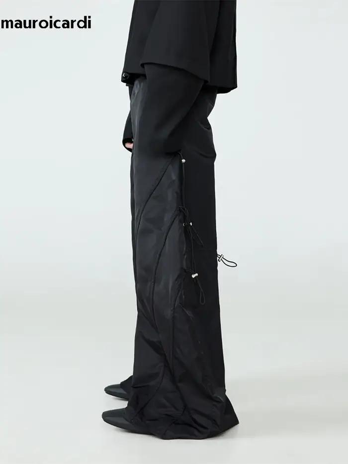 Mauroicardi-Pantalon Baggy Noir à Jambes Larges pour Homme, Taille artificiel astique, Long, Décontr