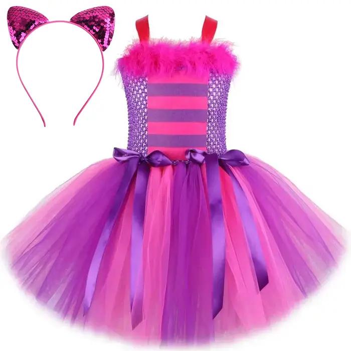 Costumes de chat de Cheshiree rose violet pour filles, robe tutu fantaisie animaux, tenue de fête enfants occasions spéciales