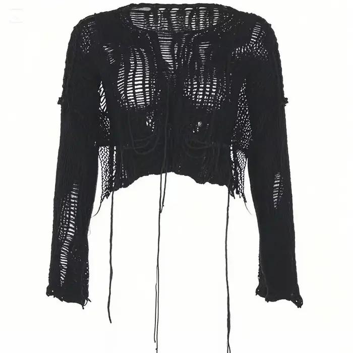 Y2k recadrée trou pull Sexy Gyaru évider tricot pulls Goth coréen à manches longues