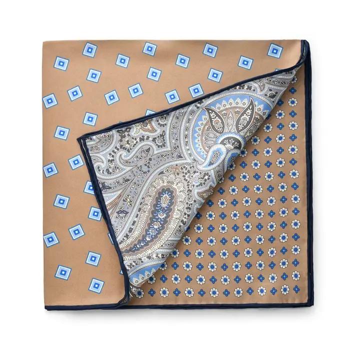 Petit Foulard Carré en Soie Naturelle Patchwork de Couleur Camel